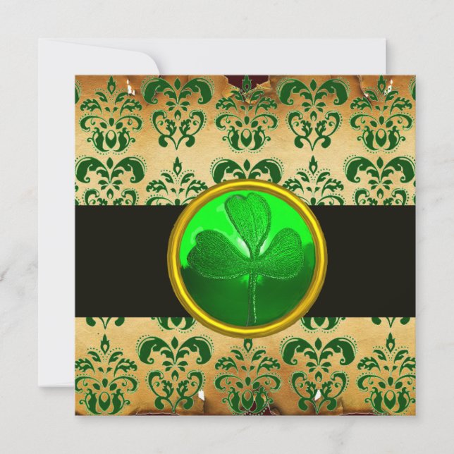 GREEN BROWN DAMASK PARCHMENT WITH SHAMROCK ,black Invitation (Front)