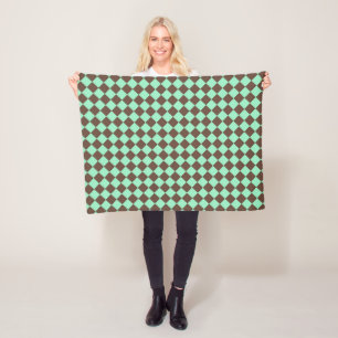 Green Brown Diamond Chequered Pattern Fleece Blanket