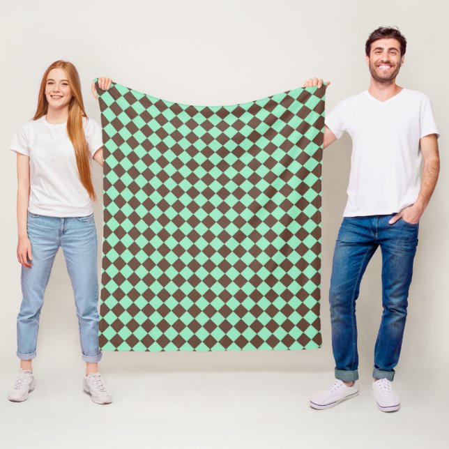 Green Brown Diamond Chequered Pattern Fleece Blanket (In Situ)