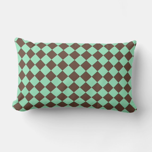 Green Brown Diamond Chequered Pattern Lumbar Cushion (Front)