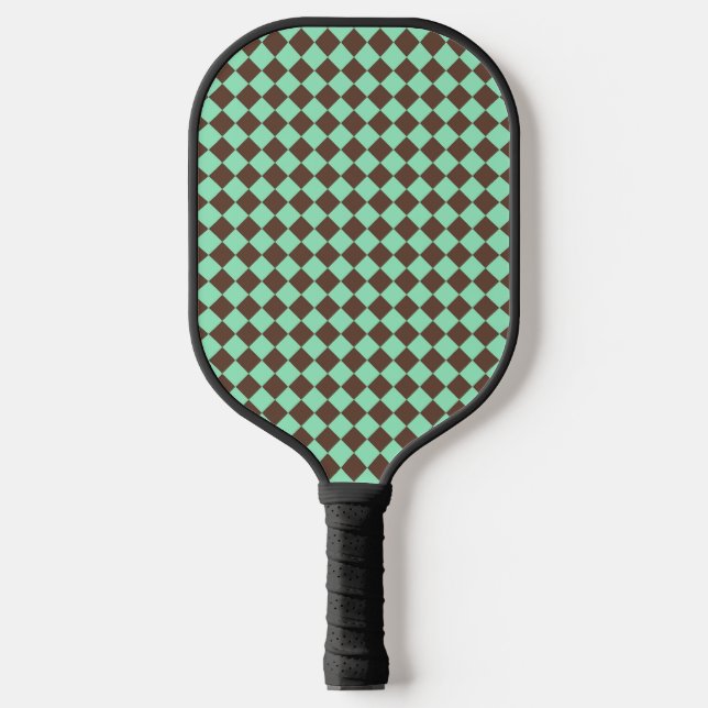 Green Brown Diamond Chequered Pattern Pickleball Paddle (Front)