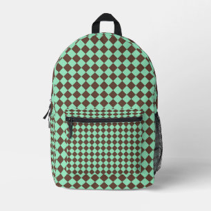 Green Brown Diamond Chequered Pattern Printed Backpack