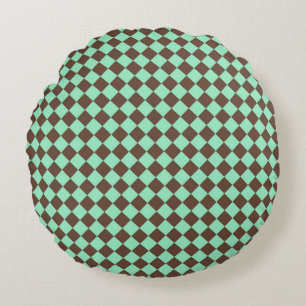 Green Brown Diamond Chequered Pattern Round Cushion