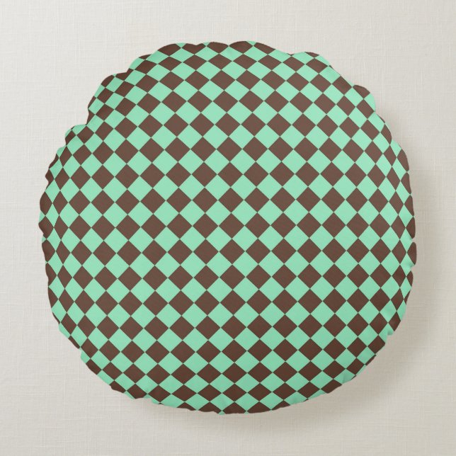 Green Brown Diamond Chequered Pattern Round Cushion (Front)
