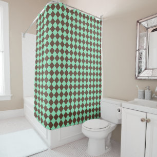 Green Brown Diamond Chequered Pattern Shower Curtain