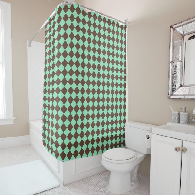 Green Brown Diamond Chequered Pattern Shower Curtain (In Situ)