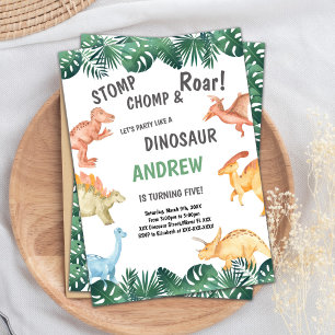 Green Brown Dinosaur Birthday Invitations