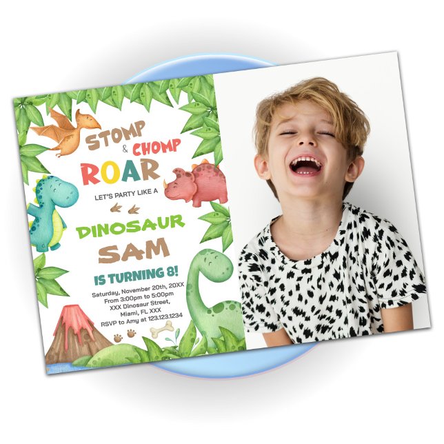 Green Brown Dinosaur Birthday Invitations w photo (Creator Uploaded)