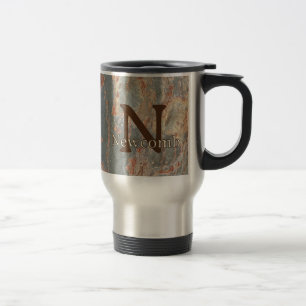 Green Brown Family Name Monogram Tree Bark Initial Travel Mug