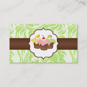 Green & Brown Floral Cup Cake Bakery Business Card