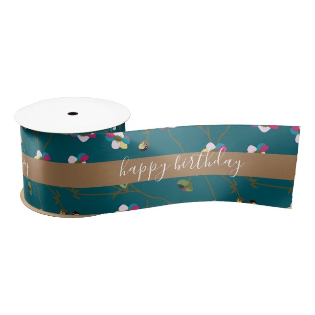 Green Brown Floral Custom Design Happy Birthday  Satin Ribbon (Spool)