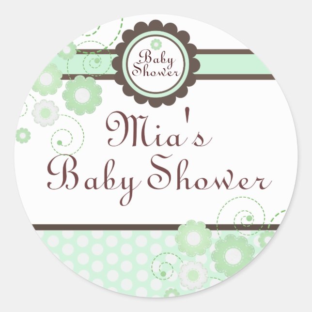 Green & Brown Floral Design Baby Shower Sticker (Front)