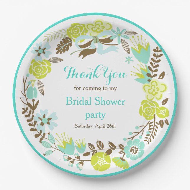 Green & Brown Floral Wreath Bridal Shower Paper Plate (Front)