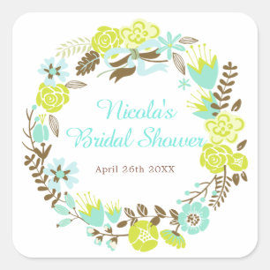 Green & Brown Floral Wreath Bridal Shower Square Sticker