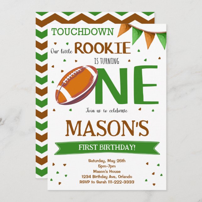 Green Brown Football 1st Birthday Invitation (Front/Back)