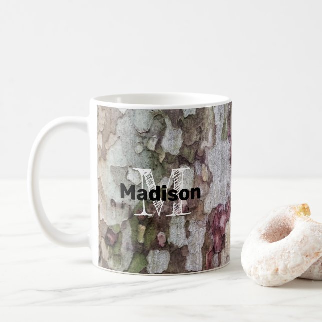 Green brown grey camouflage wood bark Monogram Coffee Mug (With Donut)