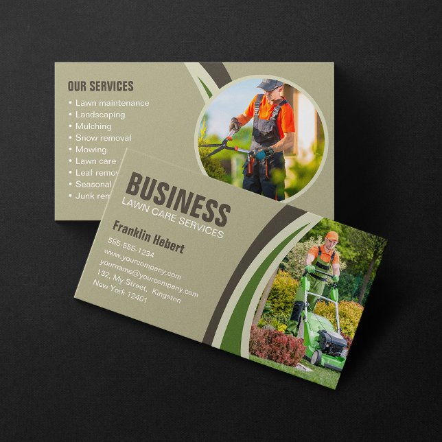 Green Brown Lawn Care Landscaping Mowing Business Card (Creator Uploaded)
