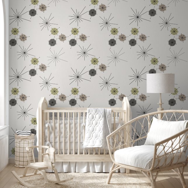 Green Brown Mid Century Modern Circle and Stars  Wallpaper (Kids)