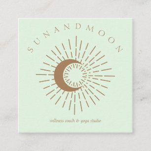 Green Brown Minimal Modern Celestial Sun Moon Square Business Card