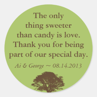 Green brown oak tree wedding quote favour label
