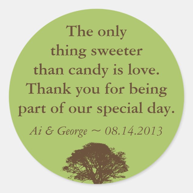 Green brown oak tree wedding quote favour label (Front)