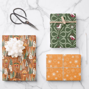Green Brown Orange Christmas Forest Village Wrapping Paper Sheet