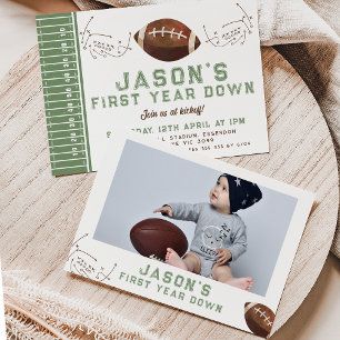 Green Brown Photo Game Play Football 1st Birthday Invitation