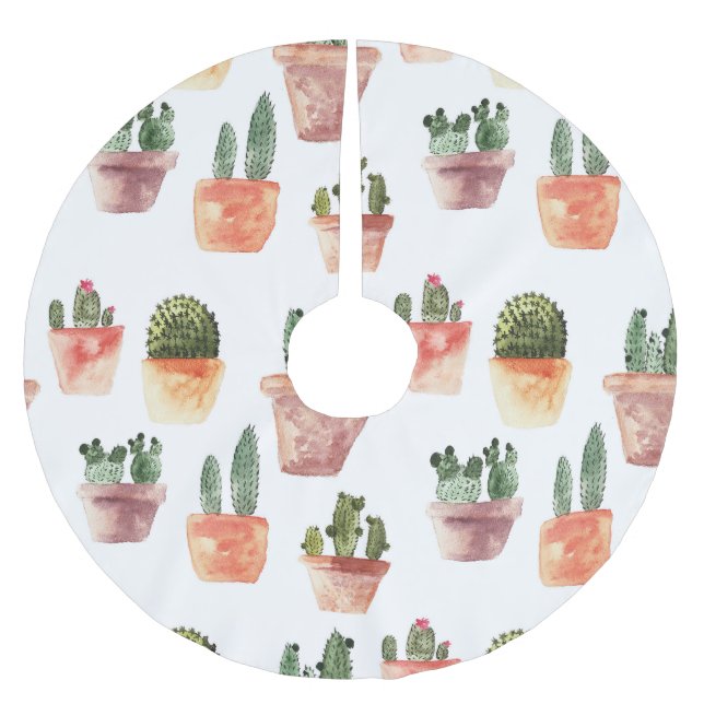 Green Brown Potted Cactus Pattern Brushed Polyester Tree Skirt (Front)