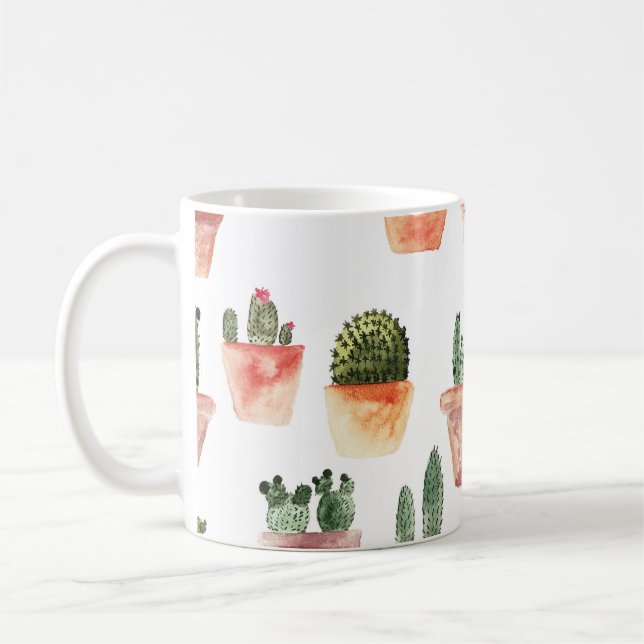 Green Brown Potted Cactus Pattern Coffee Mug (Left)
