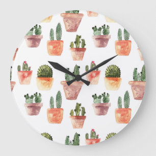 Green Brown Potted Cactus Pattern Large Clock