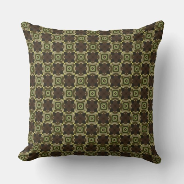 Green, Brown & Tan Geometric Squares Throw Pillow (Front)