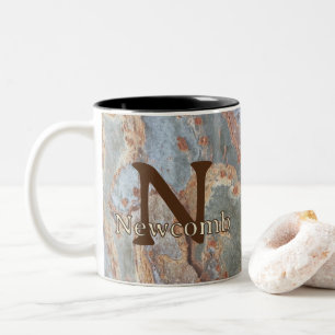 Green Brown Tree Bark Family Name Monogram Initial Two-Tone Coffee Mug