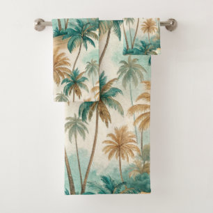 GREEN & BROWN TROPICAL BEACH WITH PALM TREES BATH TOWEL SET