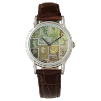 Green Brown Watch, Postage Stamp Collage Art Watch