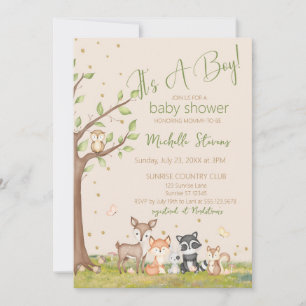 Green Brown Watercolor Woodland Animals  Invitation