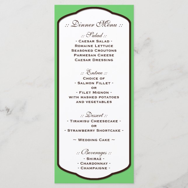 Green Brown & White Wedding Reception Menus (Front)