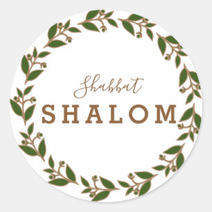 Green Brown Wreath, Shabbat Shalom Watercolor Classic Round Sticker