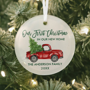 Green Brush Script Christmas New Home Truck Round Glass Tree Decoration