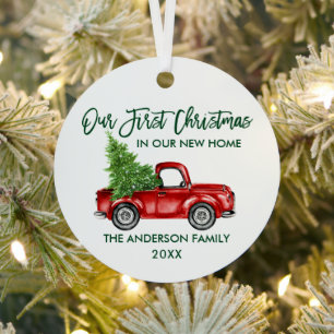 Green Brush Script Christmas New Home Truck Round Metal Tree Decoration