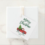 Green Brush Script Christmas Vintage Truck Favour Tags<br><div class="desc">Brush Script Watercolor Vintage Red Truck with Christmas Tree Favour Tag - Green</div>