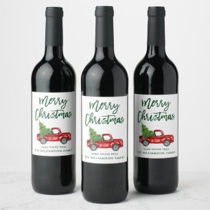 Green Brush Script Christmas Vintage Truck Wine Label