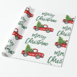 Green Brush Script Christmas Vintage Truck Wrapping Paper<br><div class="desc">Brush Script Watercolor Vintage Red Truck with Christmas Tree - Wrapping Paper</div>