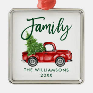 Green Brush Script Family Vintage Red Truck Metal Tree Decoration