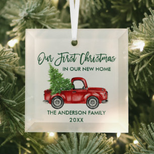 Green Brush Script First Christmas New Home Truck Glass Tree Decoration