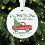 Green Brush Script First Christmas New Home Truck Ornament<br><div class="desc">Modern Brush Script Our First Christmas in our New Home Ornament includes Watercolor Vintage Red Truck with Christmas Tree - Forest Green Script</div>