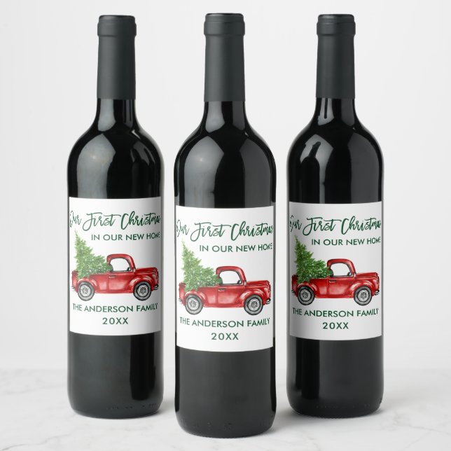 Green Brush Script First Christmas New Home Truck Wine Label (Bottles)