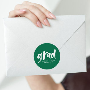 Green Brush Script Grad Graduation Classic Round Sticker