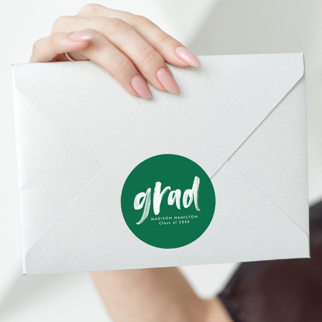 Green | Brush Script Grad Graduation Classic Round Sticker (Creator Uploaded)