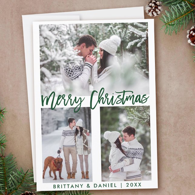 Green Brush Script Photo Merry Christmas Holiday Card (Customize to add text to back of card.)