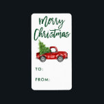 Green Brush Script Vintage Truck Christmas Gift Label<br><div class="desc">Brush Script Watercolor Red Vintage Truck with Christmas Tree - Merry Christmas Gift Label</div>